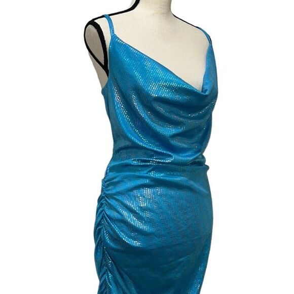 FTF Crowl Neck Ruched Iridescent Asymmetrical Dress - Picture 2 of 15